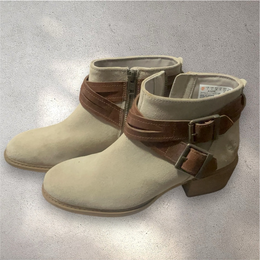 Timberland Cream and Brown Suede Ankle Booties with Strap
